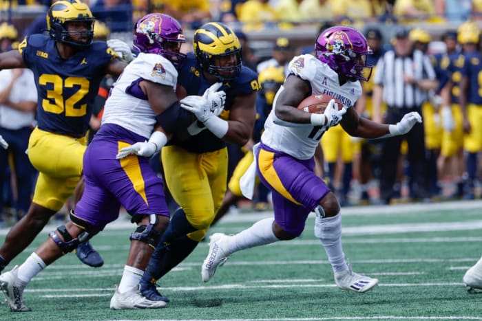 Sep 2, 2023; Ann Arbor, Michigan, USA; East Carolina Pirates running back Rahjai Harris (47) rushes in the second half against the Michigan Wolverines at Michigan Stadium. Mandatory Credit: Rick Osentoski-USA TODAY Sports